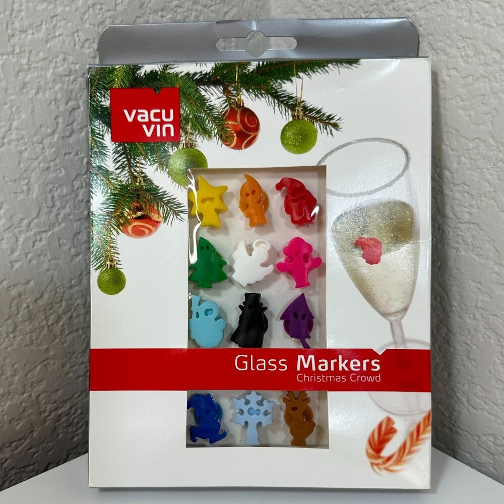 VTG Vacu Vin Glass Markers Suction Cup Set of 12 Christmas Crowd Dishwasher Safe